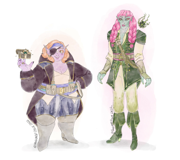 Art of Phoebe and SummonerOfNight's Kelp dressed as pirates.