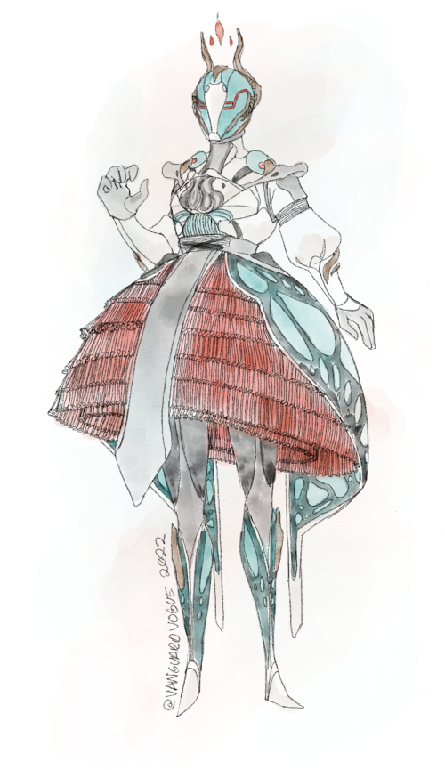 Art of a Warlock Guardian in a Lolita Guardian dress. They wear a teal and white outfit with a red petticoat.