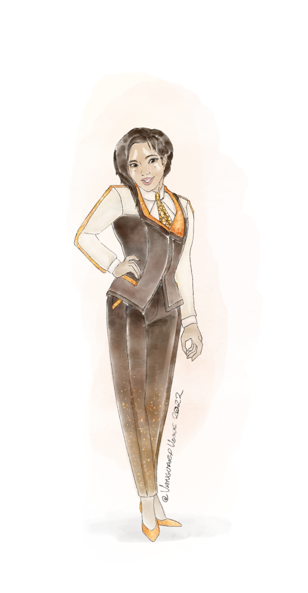 Artwork of Ana Bray from Destiny 2 dressed in formalwear. She wears a geometrical black suit with fiery motifs.