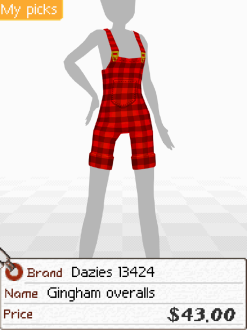 A screenshot of a pair of short red plaid overalls. Below is a tag that says 'Brand: Dazies 13424. Name: Gingham overalls. Price: $43.00'